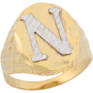 10k Two Tone Real Gold Diamond Cut Large Letter N Initial Mens Ring Rings For Men Jewelry