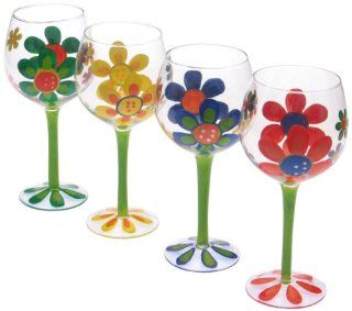 Certified International Modern Garden 18 Ounce Hand Painted Wine Glasses, Set of 4 Assorted Designs Kitchen & Dining