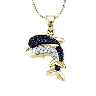 10k Yellow Gold Black Round Diamond Womens Dolphin Nautical Fashion Pendant 18" Chain   .10 Ct.t.w. Jewelry