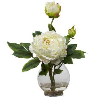 Nearly Natural 1278 WH Peony with Fluted Vase Silk Flower Arrangement, White   Flowering Plants
