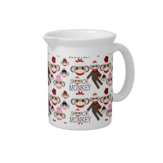 Cute Red and Pink Sock Monkeys Collage Pattern Drink Pitchers