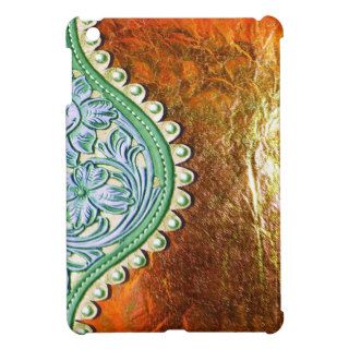 Green Tooled Leather Look Design on Gold Case For The iPad Mini