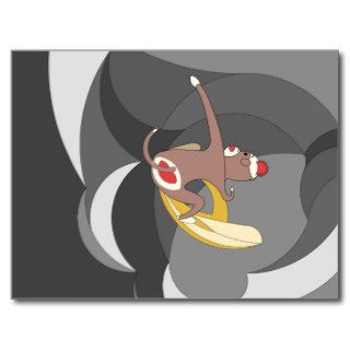 Sock Monkey went Surfing Bananas on Black Waves Postcard