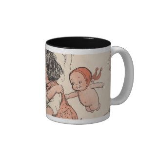 Illustration of Girls and Kewpie Dolls Hugging Mugs