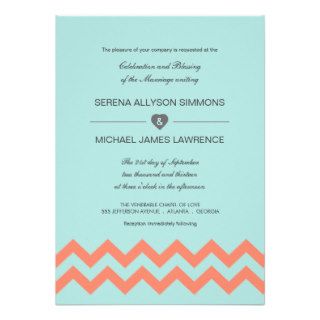 Aqua Blue & Coral Chevron Wedding Invitations