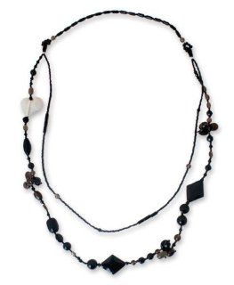Smoky quartz and onyx heart necklace, 'Love Night' Strand Necklaces Jewelry