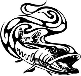 Scary tribal tattoo of a fish mouth open widely, Vinyl Sticker Wall Art Deco Decal   30cm Height   Artwork
