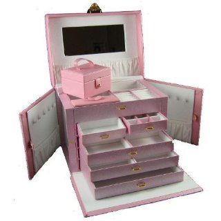 SHINING IMAGE HUGE PINK LEATHER JEWELRY BOX / CASE / STORAGE / ORGANIZER WITH TRAVEL CASE AND LOCK Kitchen & Dining