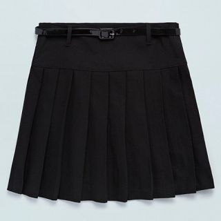 Girls black school uniform pleated skirt with patent waist belt