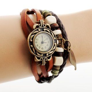 Uoften Quartz Fashion Weave Wrap Around Leather Bracelet Lady Woman Wrist Watch Leaf Pattern Light Coffee Watches