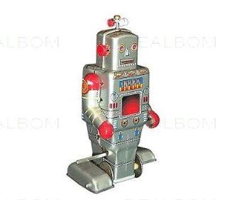 tin toys wind up metal classic toy square robot silver and red Toys & Games