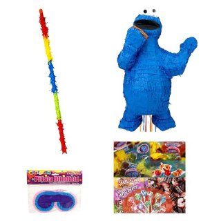Cookie Monster 3D Pull Pinata Party Pack / Kits Including Pinata, Bit of Everyones Favorites Candy Filler Mix 2lb, Buster Stick and Blindfold Toys & Games