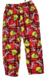 The Grinch That Stole Christmas (Dr. Seuss Classic) Mens Micro Fleece Pajama Pants (Lounge Sleep Pant)  The Grinch Face All Over Red Plaid (Medium) Clothing