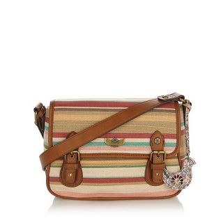 Mantaray Tan striped linen bird charm satchel bag