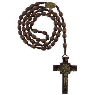Brown Wood St. Benedict Rosary with Immaculate Heart of Mary Center Piece   8.5mm x 10.5mm Oval Beads   24 inch Necklace   20 inch Overall Length Pendant Necklaces Jewelry