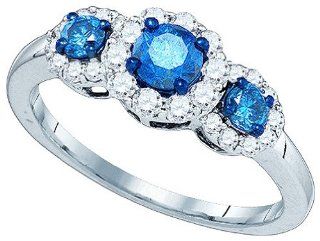 10k White Gold Blue Colored Round 3 stone Diamond Womens Ladies Bridal Wedding Engagement Anniversary Past Present Future Ring   1.00 Ct.t.w. Jewelry