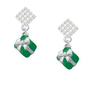 Small 3 D Green Present Box with Silver Bow Clear Crystal Diamond Shaped Lulu Dangle Earrings Jewelry