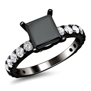 18k Black Gold 2 5/8ct TDW Certified Black and White Princess Cut Diamond Ring (E F, SI1 SI2) Engagement Rings