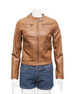 Ladies Plus Size Camel Color Synthetic Leather Jacket Button Collar