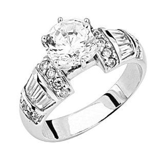 14K White Gold Solitaire Round CZ Cubic Zirconia High Polish Finish Ladies Wedding Engagement Ring Band with Round & Baguette Side Stone Jewelry