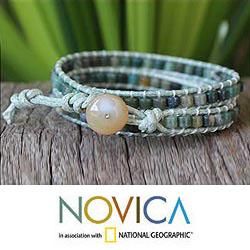 Leather 'Forest Moss' Agate Wrap Bracelet (Thailand) Novica Bracelets