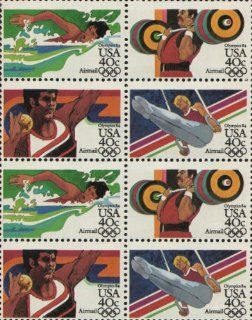 1984 SUMMER OLYMPICS '84 ~ LOS ANGELES ~ SWIMMING ~ WEIGHT LIFTING ~ SHOT PUT ~ GYMNASTICS ~ AIRMAIL #C108a Block of 8 x 40 US Postage Stamps  Collectible Postage Stamps  