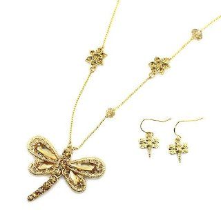 Dragonfly Pendant Necklace Set; 18"L; Gold Tone Metal; Gold Tone Rhinestones; Lobster Clasp Closure; Matching Earrings Included; Jewelry