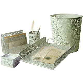 5 PIECE ART DECO ROSE FLORAL LACE DESIGNED METAL OFFICE SET   UPRIGHT LETTER / FILE HOLDER, MEMO TRAY, PEN HOLDER, FLAT LETTER TRAY, & WASTEBASKET   FRENCH WHITE COLOR  Other Products  