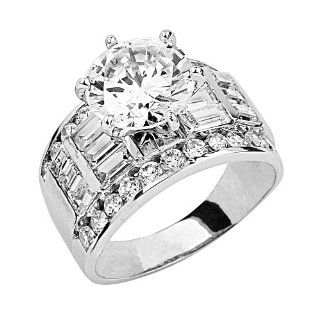 14K White Gold Solitaire CZ Cubic Zirconia High Polish Finish Ladies Wedding Engagement Ring Band with Baguette & Round Side Stone Tri Color Rings Cz Jewelry
