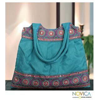 Polyester 'Blue and Rose Mandalas' Shoulder Bag (large) (India) Novica Shoulder Bags