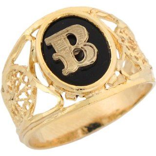 14k Yellow Gold Onyx Letter B Modern Ladies Filigree Initial Ring Jewelry
