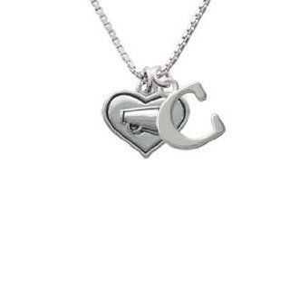 2 D Silver Heart with Megaphone Initial C Charm Necklace Pendant Necklaces Jewelry