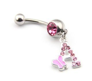 316L Surgical Steel 14 Guage Letter A Dangle Cute Pink Gem Crystal Navel Belly Bar Ring Stud Button Fashion Girl Women Body Piercing Jewelry 14G 1.6mm 7/16 Inch Size Jewelry