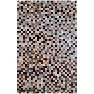 Hand crafted Brown Leather Animal Hide Geometric Squares Trail Rug (2' x 3') Surya Accent Rugs