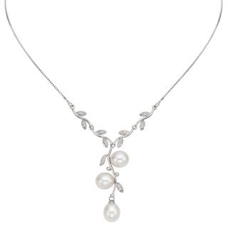 Pearlyta Sterling Silver White Freshwater Pearl and Cubic Zirconia Leaf Necklace (11 12 mm) Pearlyta Pearl Necklaces