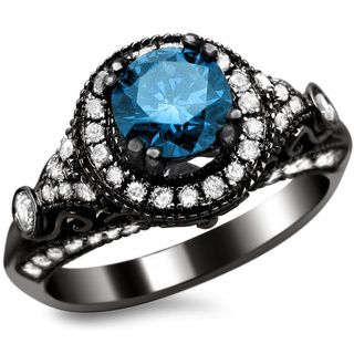 14k Black Gold 1 2/5ct TDW Certified Round cut Blue/ White Diamond Vintage Style Ring (G H, SI1 SI2) Engagement Rings