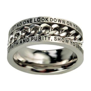 Christian Mens Stainless Steel 10mm Abstinence "Let No One Look Down On Your Youthfulness, But Rather in Speech, Conduct, Love" 1 Timothy 412 "Faith and Purity, Show Yourself an Example of Those who Believe" Chain Spinner Chastity Ring
