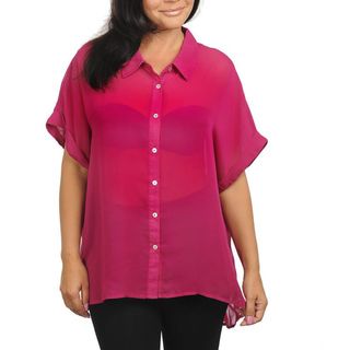 Stanzino Women's Plus Trapeze Hem Magenta Button Down Shirt Tops