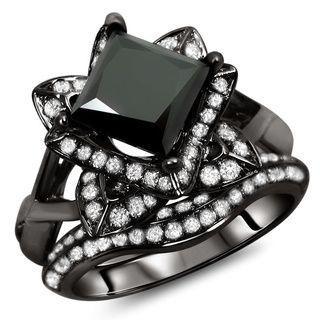 14k Black Gold 2 1/2ct TDW Certified Black Diamond Princess Cut Ring Set Diamond Rings