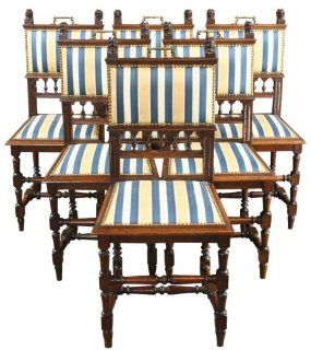 6 Antique French Dining Chairs 1900 Oak Brass Lions Gold/Navy/Cream Stripe  