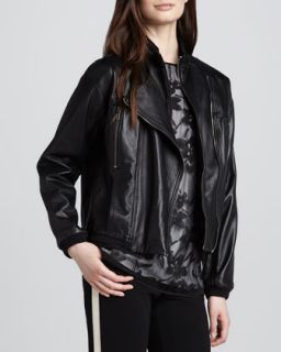 Womens Leather Convertible Collar Motorcycle Jacket   Halston Heritage   Black
