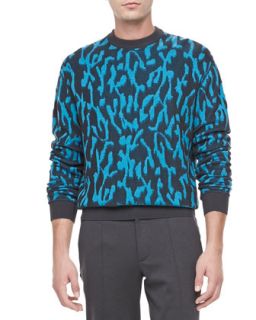 Mens Animal Jacquard Sweater, Turquoise   Lanvin   Turquoise (X LARGE)