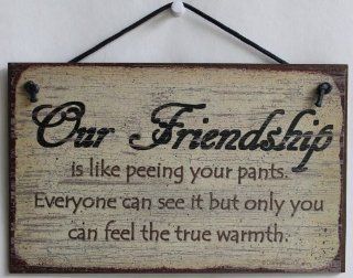 5x8 Vintage Style Sign Saying, "Our Friendship Is like peeing your pants. Everyone can see it, But only you can feel it's true warmth." Decorative Fun Universal Household Signs from Egbert's Treasures   Friends Vintage Sign