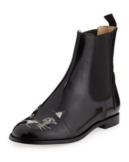 Cat Face Leather Chelsea Boot   Charlotte Olympia   Black (38.5B/8.5B)