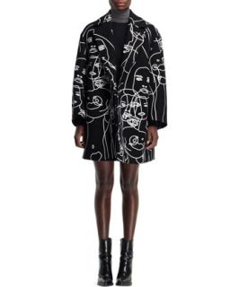 Womens Embroidered Swing Coat, Black/Ivory   Stella McCartney   Ivory/Black