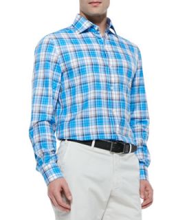 Mens Plaid Button Down Shirt, Aqua   Isaia   Blue (45)