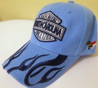 North Carolina State Baseball Cap Carolina Blue Hat with Navy Blue Flames Says Since 1789 with State Flag, Celebrate University of North Carolina Tar Heels or UNC Fans and Students 