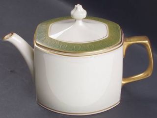 Franciscan Antique Green Teapot & Lid, Fine China Dinnerware   Green Embossed Ba