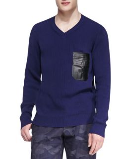 Mens V Neck Sweater with Faux Leather Pocket, Navy   Valentino   Navy (LARGE)
