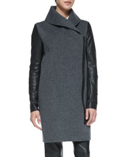 Womens Leather Sleeve Shawl Collar Coat, Heather Gray   Vince   Medium hthr